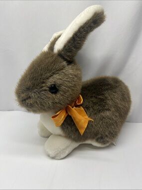 Realistic Plush Brown & Cream Bunny with Orange Bow - Small Pet Toy